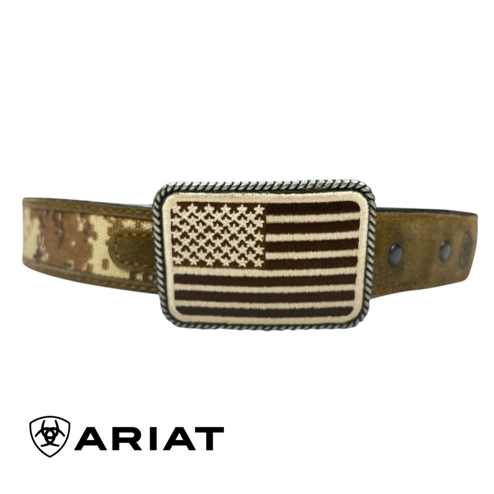 Ariat Boys Western Belt Size 26 Camo Canvas Leather USA Flag Buckle‎